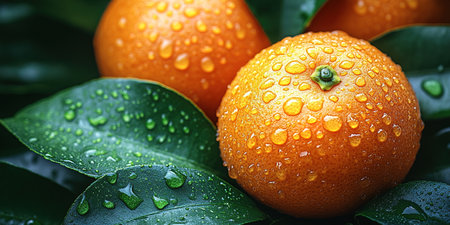 Many orange tangerines with green leaves on dark background. Top view and copy space.の素材