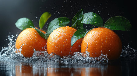 Many orange tangerines with green leaves on dark background. Top view and copy space.の素材
