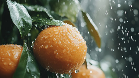 Ripe tangerines or oranges on a branch in the garden ready to harvest after the rain.の素材