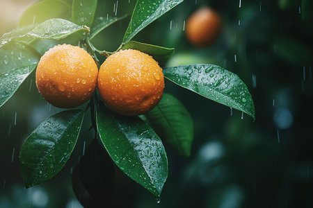 Ripe tangerines or oranges on a branch in the garden ready to harvest after the rain.の素材