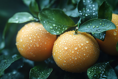 Ripe tangerines or oranges on a branch in the garden ready to harvest after the rain.の素材