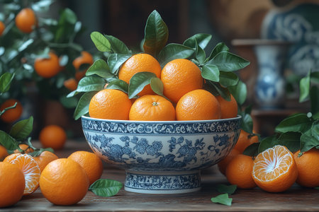 fresh tangerines with green leaves on a tray on a wooden background.の素材