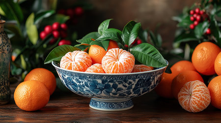 fresh tangerines with green leaves on a tray on a wooden background.の素材