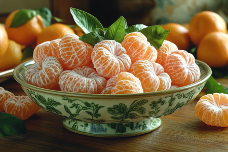 fresh tangerines with green leaves on a tray on a wooden background.の素材