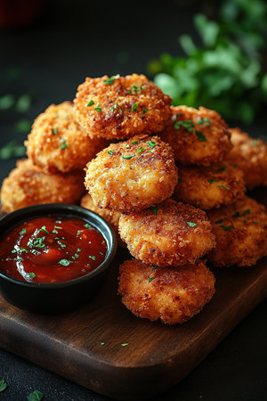 Breaded chicken strips or nuggets with two kinds of sauces and fried potatoes on a wooden Board. Fast food on dark brown background. with copy space.の素材