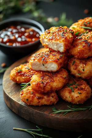 Breaded chicken strips or nuggets with two kinds of sauces and fried potatoes on a wooden Board. Fast food on dark brown background. with copy space.の素材