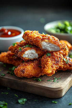Breaded chicken strips or nuggets with two kinds of sauces and fried potatoes on a wooden Board. Fast food on dark brown background. with copy space.の素材