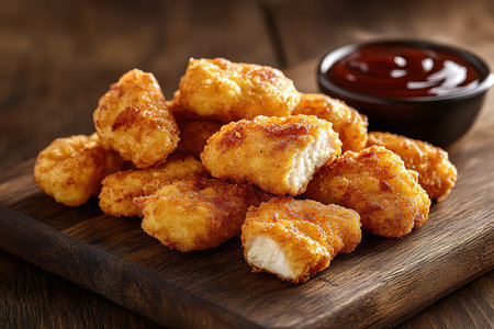 Breaded chicken strips or nuggets with two kinds of sauces and fried potatoes on a wooden Board. Fast food on dark brown background. with copy space.の素材