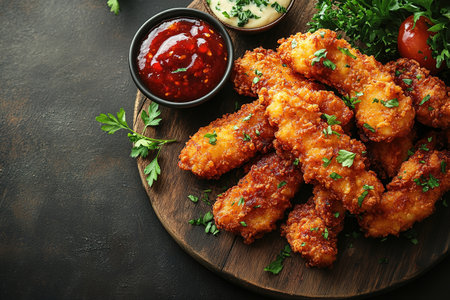 Breaded chicken strips or nuggets with two kinds of sauces and fried potatoes on a wooden Board. Fast food on dark brown background. with copy space.の素材