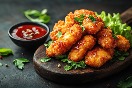 Breaded chicken strips or nuggets with two kinds of sauces and fried potatoes on a wooden Board. Fast food on dark brown background. with copy space.の素材