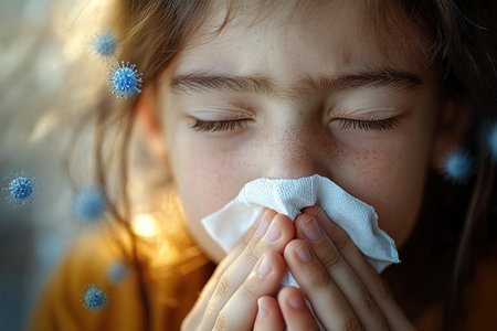 Season of flu. Close up of little kid covered with blanket pressing handkerchief to nose with both hands while sneezing. Cute girl having cold symptoms and resting at comfy apartment.の素材