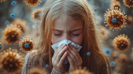 Season of flu. Close up of little kid covered with blanket pressing handkerchief to nose with both hands while sneezing. Cute girl having cold symptoms and resting at comfy apartment.の素材
