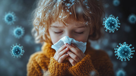 Season of flu. Close up of little kid covered with blanket pressing handkerchief to nose with both hands while sneezing. Cute boy having cold symptoms and resting at comfy apartment.の素材