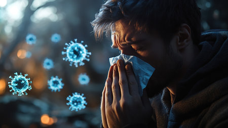 Influenza season. Unhealthy flu-sick man sneezing loudly in tissue, feeling unwell with runny nose, caught cold or allergy symptom. studio shot isolated on blue background. a man sneezes or coughs into a napkin surrounded by virus particles.の素材