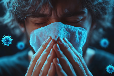 Influenza season. Unhealthy flu-sick man sneezing loudly in tissue, feeling unwell with runny nose, caught cold or allergy symptom. studio shot isolated on blue background. a man sneezes or coughs into a napkin surrounded by virus particles.の素材