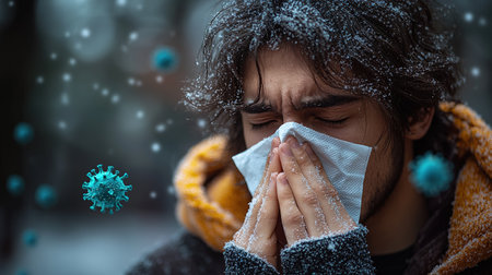 Influenza season. Unhealthy flu-sick man sneezing loudly in tissue, feeling unwell with runny nose, caught cold or allergy symptom. studio shot isolated on blue background. a man sneezes or coughs into a napkin surrounded by virus particles.の素材