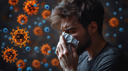 Influenza season. Unhealthy flu-sick man sneezing loudly in tissue, feeling unwell with runny nose, caught cold or allergy symptom. studio shot isolated on blue background. a man sneezes or coughs into a napkin surrounded by virus particles.の素材