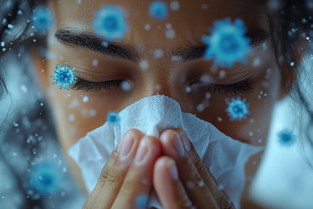 Influenza season. Unhealthy flu-sick man sneezing loudly in tissue, feeling unwell with runny nose, caught cold or allergy symptom. studio shot isolated on blue background. a man sneezes or coughs into a napkin surrounded by virus particles.の素材