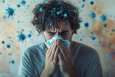Influenza season. Unhealthy flu-sick man sneezing loudly in tissue, feeling unwell with runny nose, caught cold or allergy symptom. studio shot isolated on blue background. a man sneezes or coughs into a napkin surrounded by virus particles.の素材