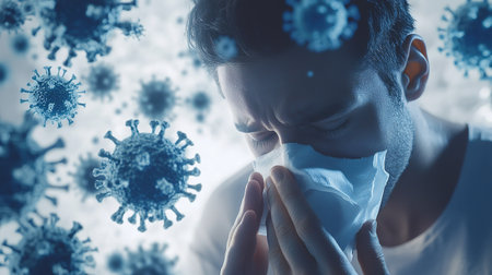 Influenza season. Unhealthy flu-sick man sneezing loudly in tissue, feeling unwell with runny nose, caught cold or allergy symptom. studio shot isolated on blue background. a man sneezes or coughs into a napkin surrounded by virus particles.の素材