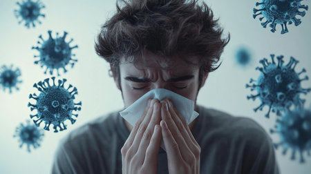 Influenza season. Unhealthy flu-sick man sneezing loudly in tissue, feeling unwell with runny nose, caught cold or allergy symptom. studio shot isolated on blue background. a man sneezes or coughs into a napkin surrounded by virus particles.の素材