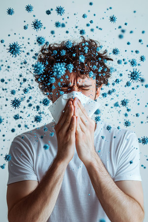Influenza season. Unhealthy flu-sick man sneezing loudly in tissue, feeling unwell with runny nose, caught cold or allergy symptom. studio shot isolated on blue background. a man sneezes or coughs into a napkin surrounded by virus particles.の素材