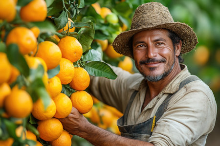 A farmer stands with a box of tangerines, a man picks oranges and tangerines from a citrus plantation, harvesting, picking oranges from a tree.の素材