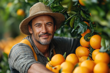 A farmer stands with a box of tangerines, a man picks oranges and tangerines from a citrus plantation, harvesting, picking oranges from a tree.の素材