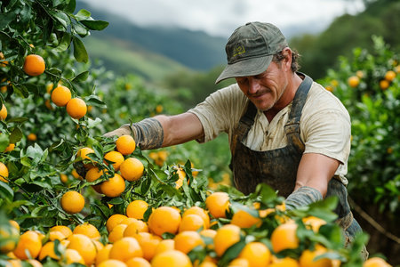 A farmer stands with a box of tangerines, a man picks oranges and tangerines from a citrus plantation, harvesting, picking oranges from a tree.の素材