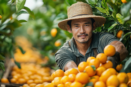 A farmer stands with a box of tangerines, a man picks oranges and tangerines from a citrus plantation, harvesting, picking oranges from a tree.の素材