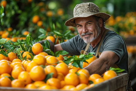A farmer stands with a box of tangerines, a man picks oranges and tangerines from a citrus plantation, harvesting, picking oranges from a tree.の素材