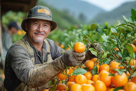 A farmer stands with a box of tangerines, a man picks oranges and tangerines from a citrus plantation, harvesting, picking oranges from a tree.の素材