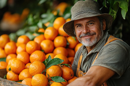 A farmer stands with a box of tangerines, a man picks oranges and tangerines from a citrus plantation, harvesting, picking oranges from a tree.の素材