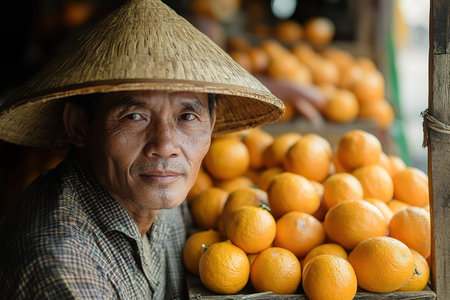A farmer stands with a box of tangerines, a man picks oranges and tangerines from a citrus plantation, harvesting, picking oranges from a tree.の素材