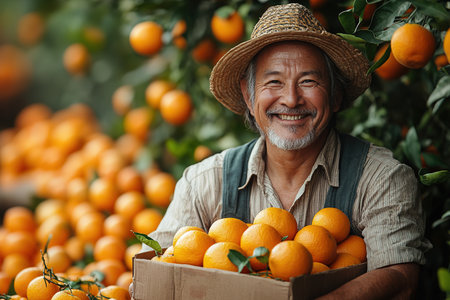 A farmer stands with a box of tangerines, a man picks oranges and tangerines from a citrus plantation, harvesting, picking oranges from a tree.の素材