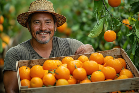 A farmer stands with a box of tangerines, a man picks oranges and tangerines from a citrus plantation, harvesting, picking oranges from a tree.の素材