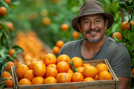 A farmer stands with a box of tangerines, a man picks oranges and tangerines from a citrus plantation, harvesting, picking oranges from a tree.の素材
