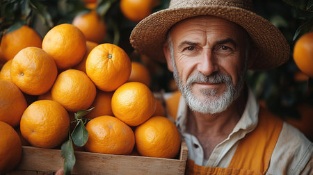 A farmer stands with a box of tangerines, a man picks oranges and tangerines from a citrus plantation, harvesting, picking oranges from a tree.の素材