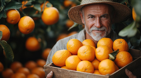 A farmer stands with a box of tangerines, a man picks oranges and tangerines from a citrus plantation, harvesting, picking oranges from a tree.の素材