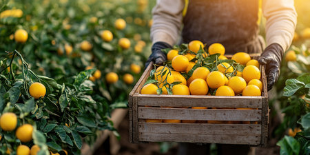 A farmer stands with a box of tangerines, a man picks oranges and tangerines from a citrus plantation, harvesting, picking oranges from a tree.の素材