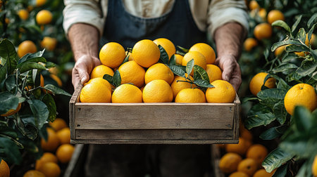 A farmer stands with a box of tangerines, a man picks oranges and tangerines from a citrus plantation, harvesting, picking oranges from a tree.の素材