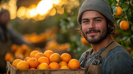 A farmer stands with a box of tangerines, a man picks oranges and tangerines from a citrus plantation, harvesting, picking oranges from a tree.の素材