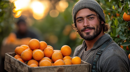 A farmer stands with a box of tangerines, a man picks oranges and tangerines from a citrus plantation, harvesting, picking oranges from a tree.の素材