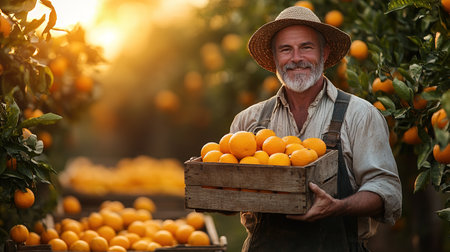 A farmer stands with a box of tangerines, a man picks oranges and tangerines from a citrus plantation, harvesting, picking oranges from a tree.の素材