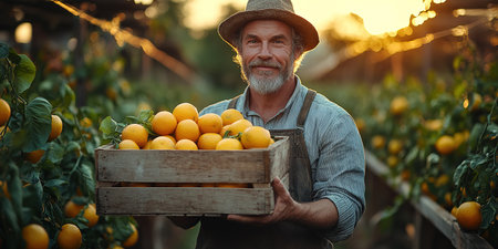 A farmer stands with a box of tangerines, a man picks oranges and tangerines from a citrus plantation, harvesting, picking oranges from a tree.の素材