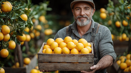 A farmer stands with a box of tangerines, a man picks oranges and tangerines from a citrus plantation, harvesting, picking oranges from a tree.の素材