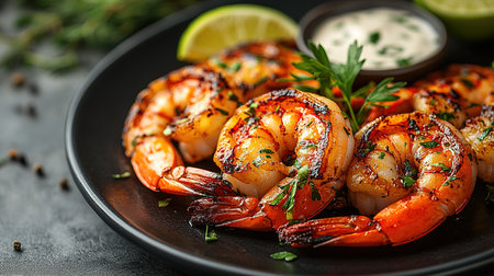 Grilled shrimps or prawns served with lime, garlic and white sauce on a dark concrete background. Seafood. Top view with copy space. Flat lay.の素材