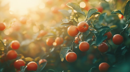 Ripe tangerines or oranges on a branch in the garden ready to harvest after the rain.の素材