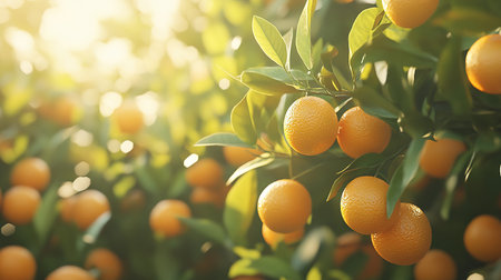 Ripe tangerines or oranges on a branch in the garden ready to harvest after the rain.の素材