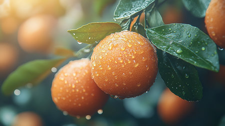 Ripe tangerines or oranges on a branch in the garden ready to harvest after the rain.の素材